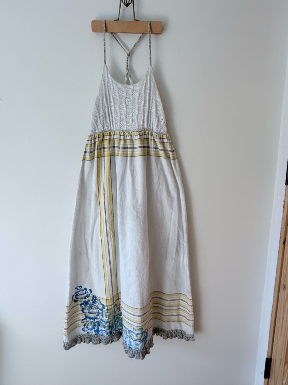 Free People White Maxi Dress with Yellow Stripes and Blue Floral Hem